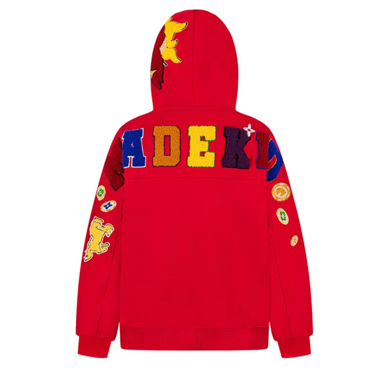 American Retro Towel Embroidery Red Hoodie Unisex Loose BF Lazy Year of the Monkey Outwear