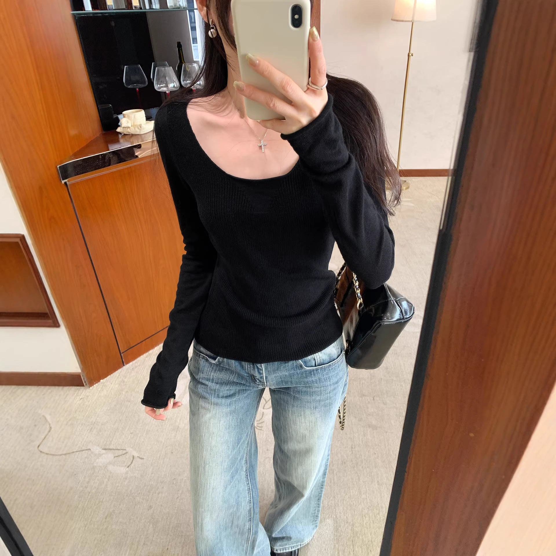 beige U-neck sweater, fitted knit top for women, long sleeve, slimming casual upper garment