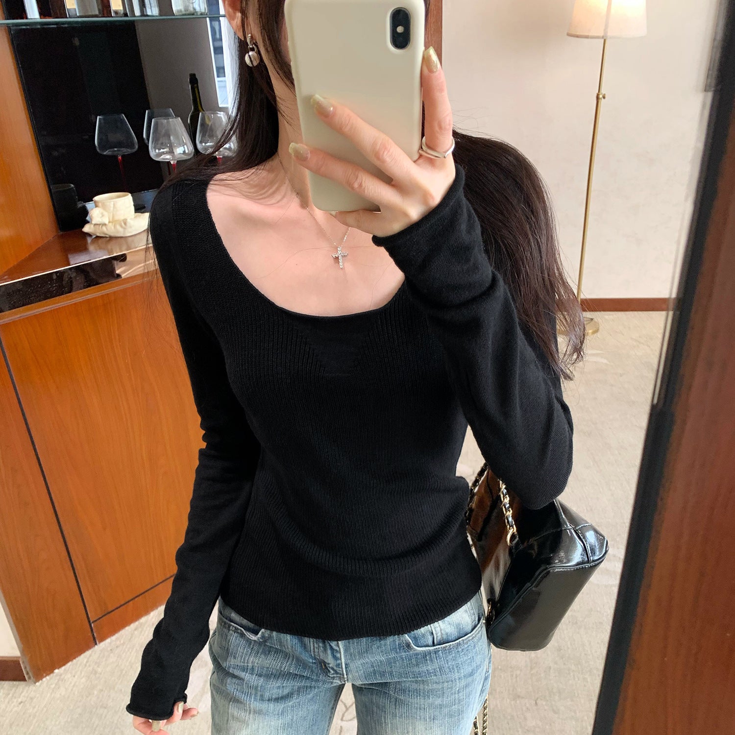 beige U-neck sweater, fitted knit top for women, long sleeve, slimming casual upper garment