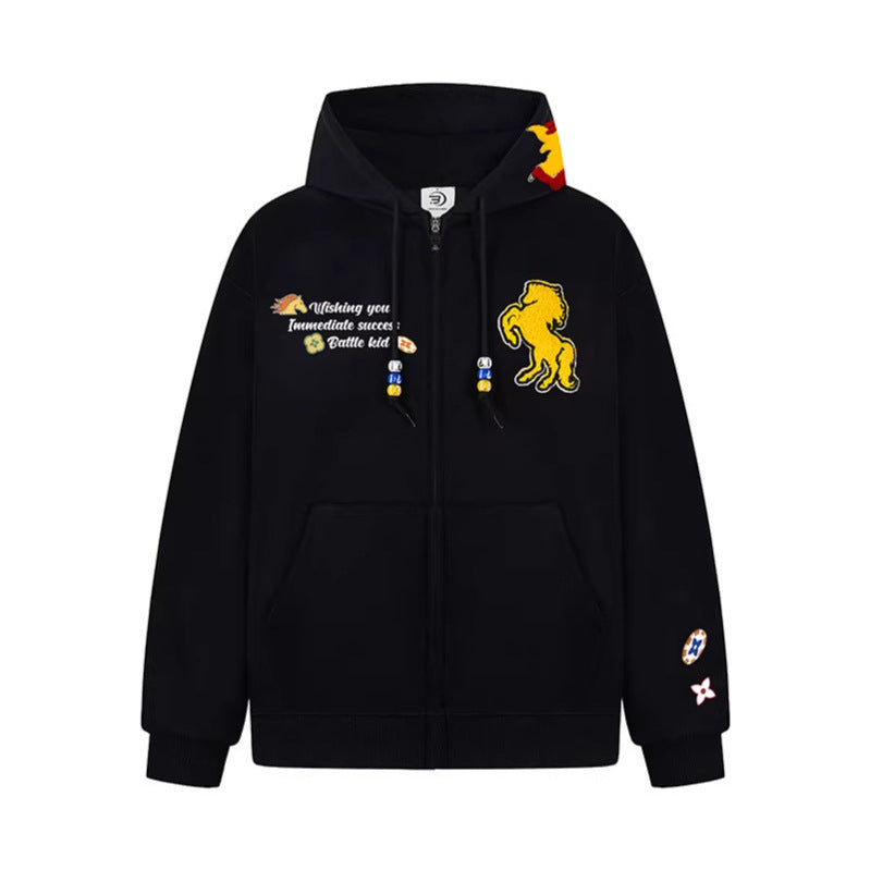 American Retro Towel Embroidery Red Hoodie Unisex Loose BF Lazy Year of the Monkey Outwear