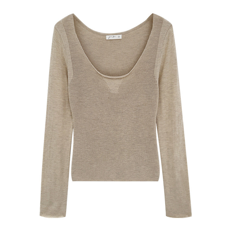 beige U-neck sweater, fitted knit top for women, long sleeve, slimming casual upper garment