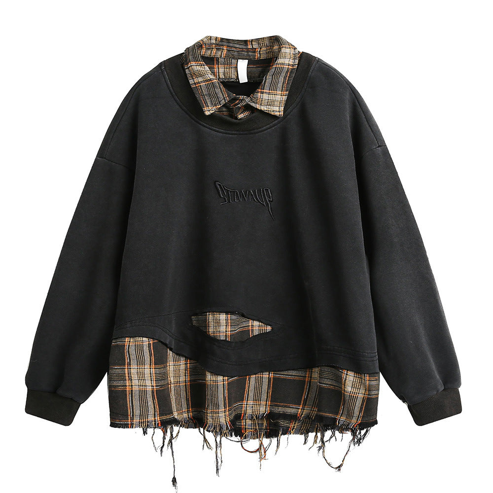 Broken hole tassel fake two hoodies