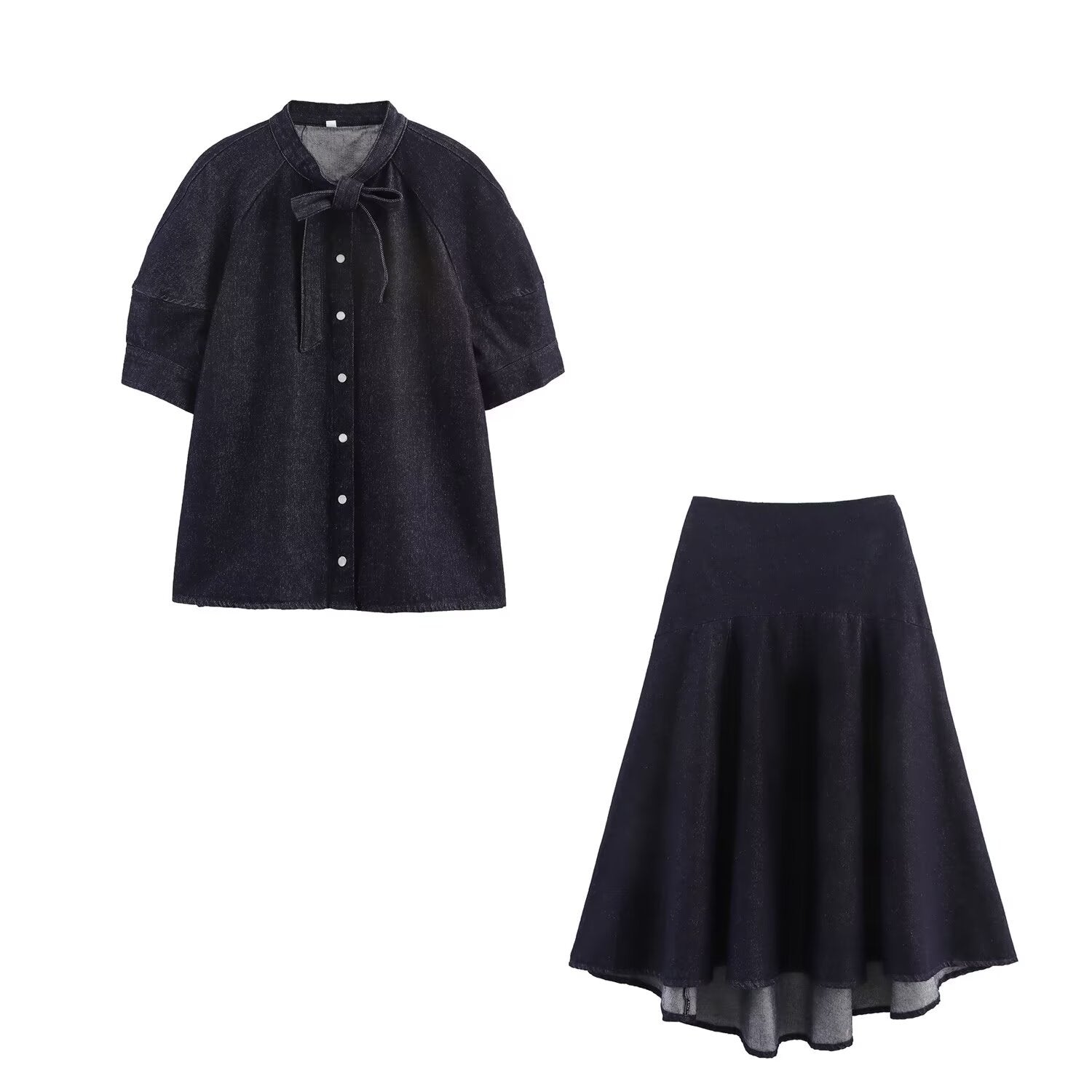 Bow tie shirt+denim skirt set