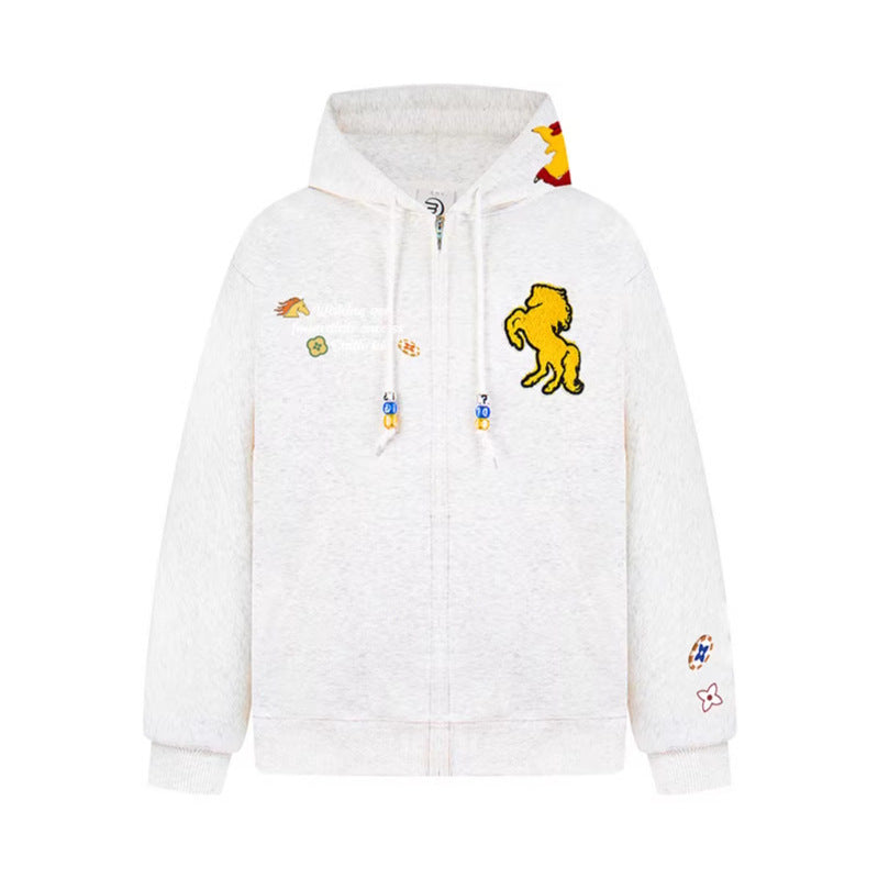 American Retro Towel Embroidery Red Hoodie Unisex Loose BF Lazy Year of the Monkey Outwear