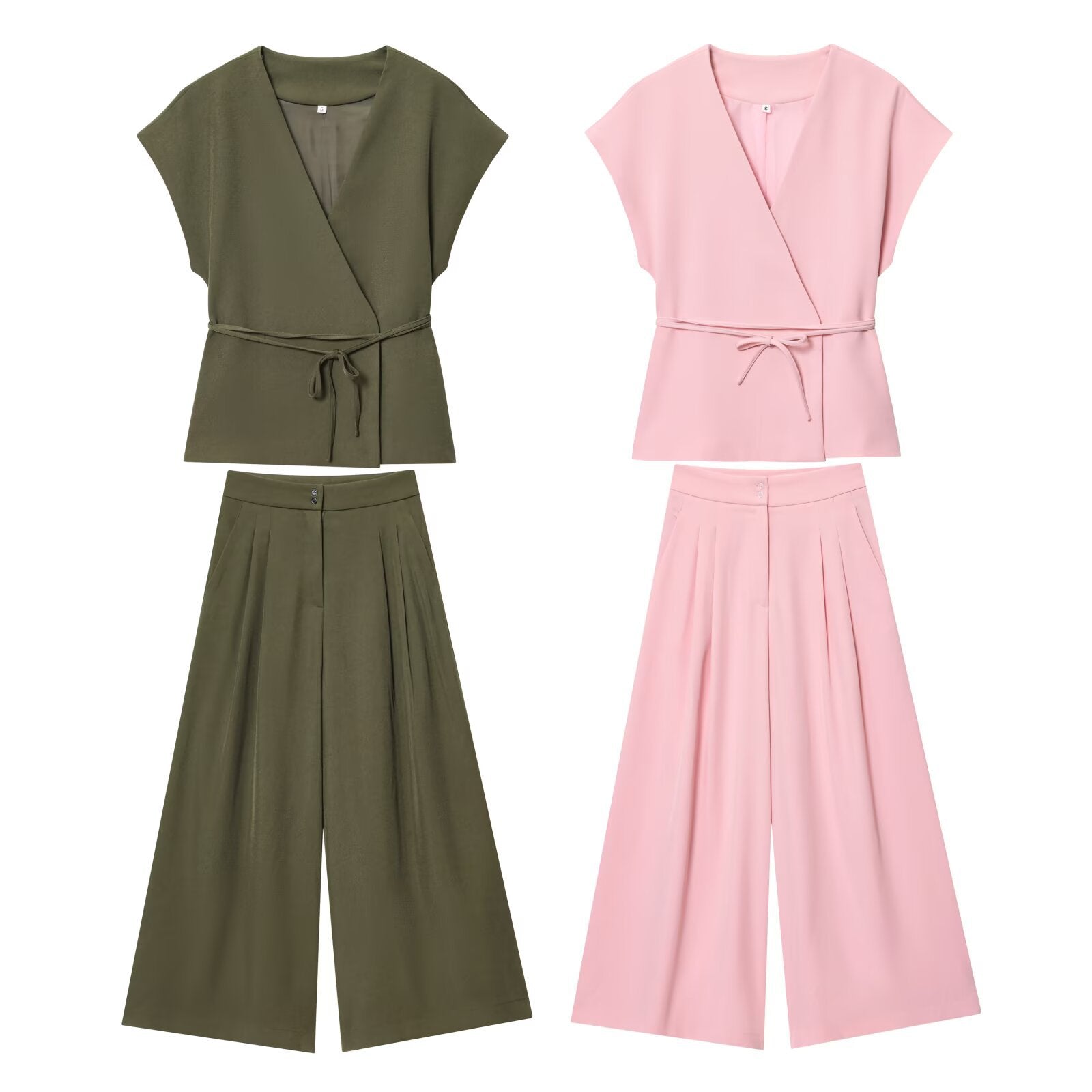 Bow tie tied top+blended pants set for women's clothing