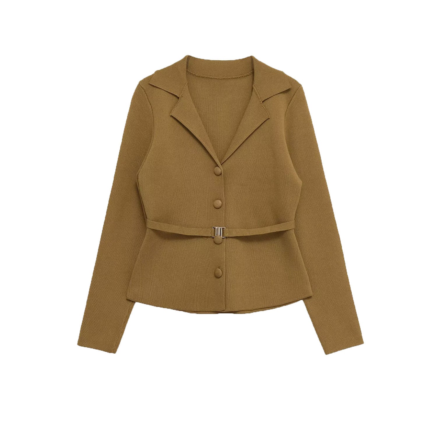 Solid Color Flip Collar Knitted Dress with Belt, Elastic Midi Straight Cut Dress