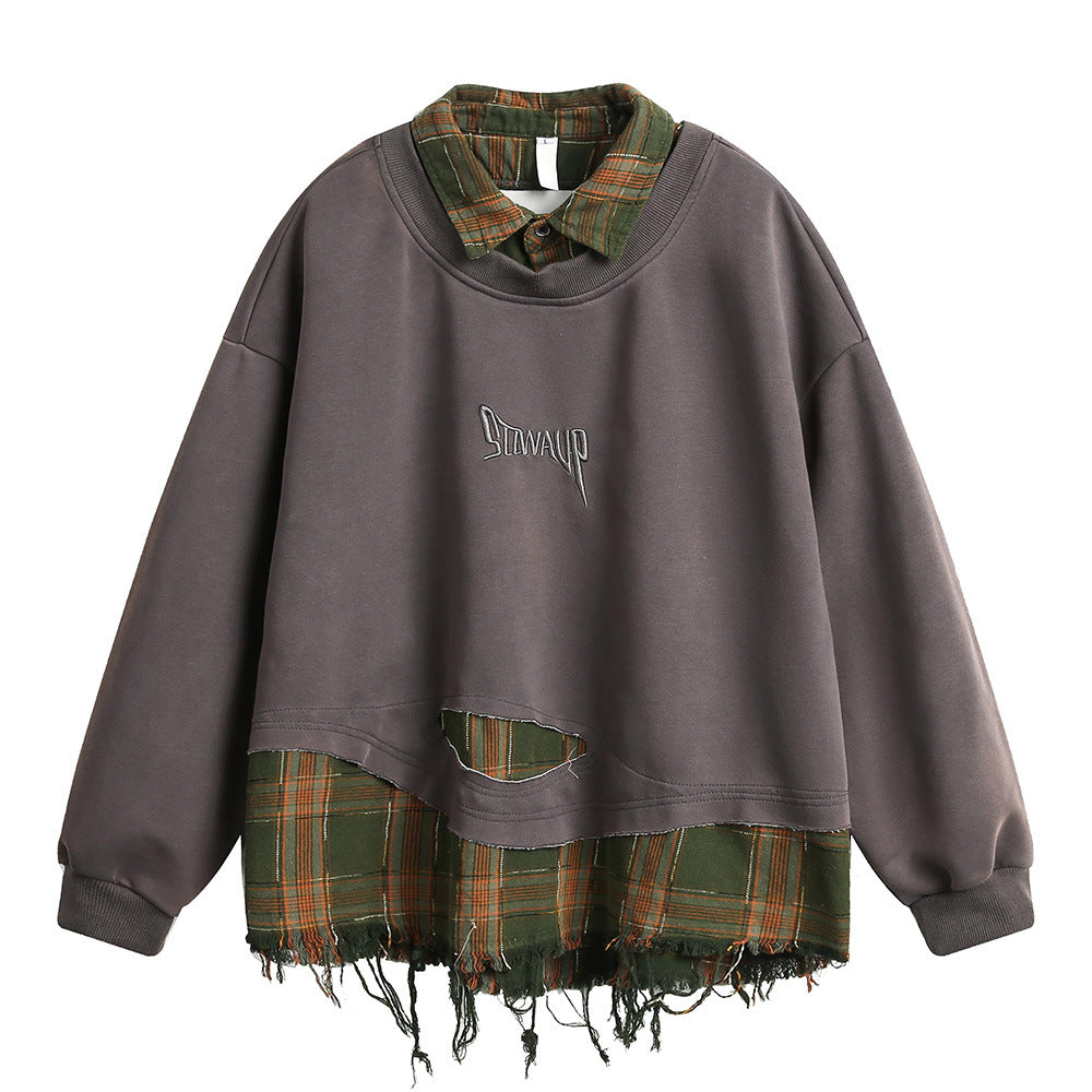 Broken hole tassel fake two hoodies