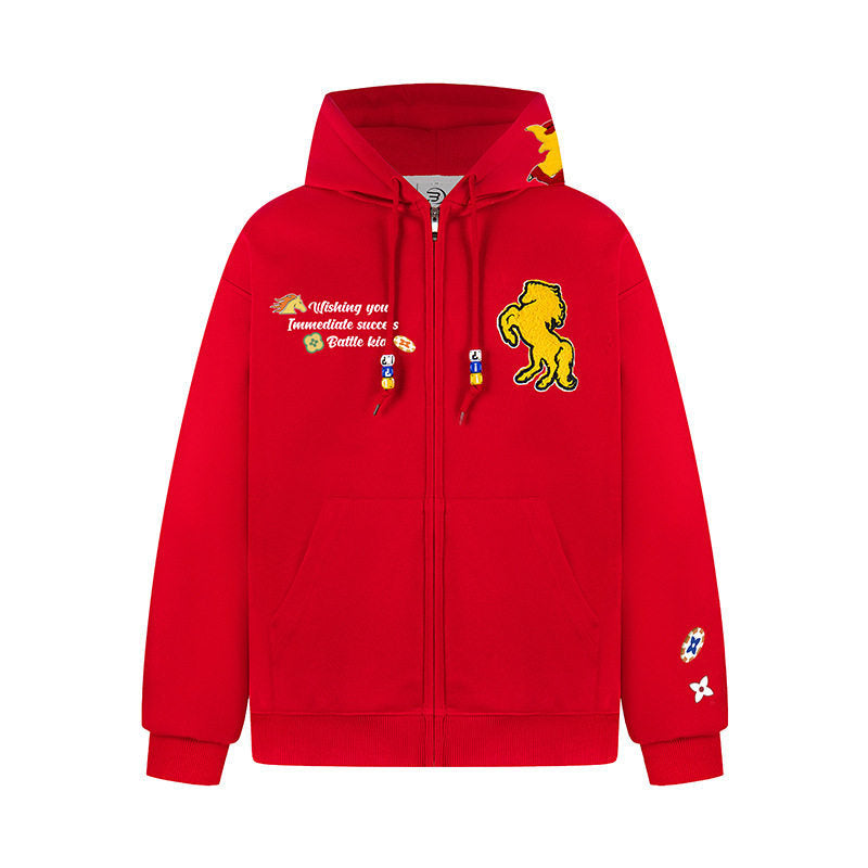 American Retro Towel Embroidery Red Hoodie Unisex Loose BF Lazy Year of the Monkey Outwear