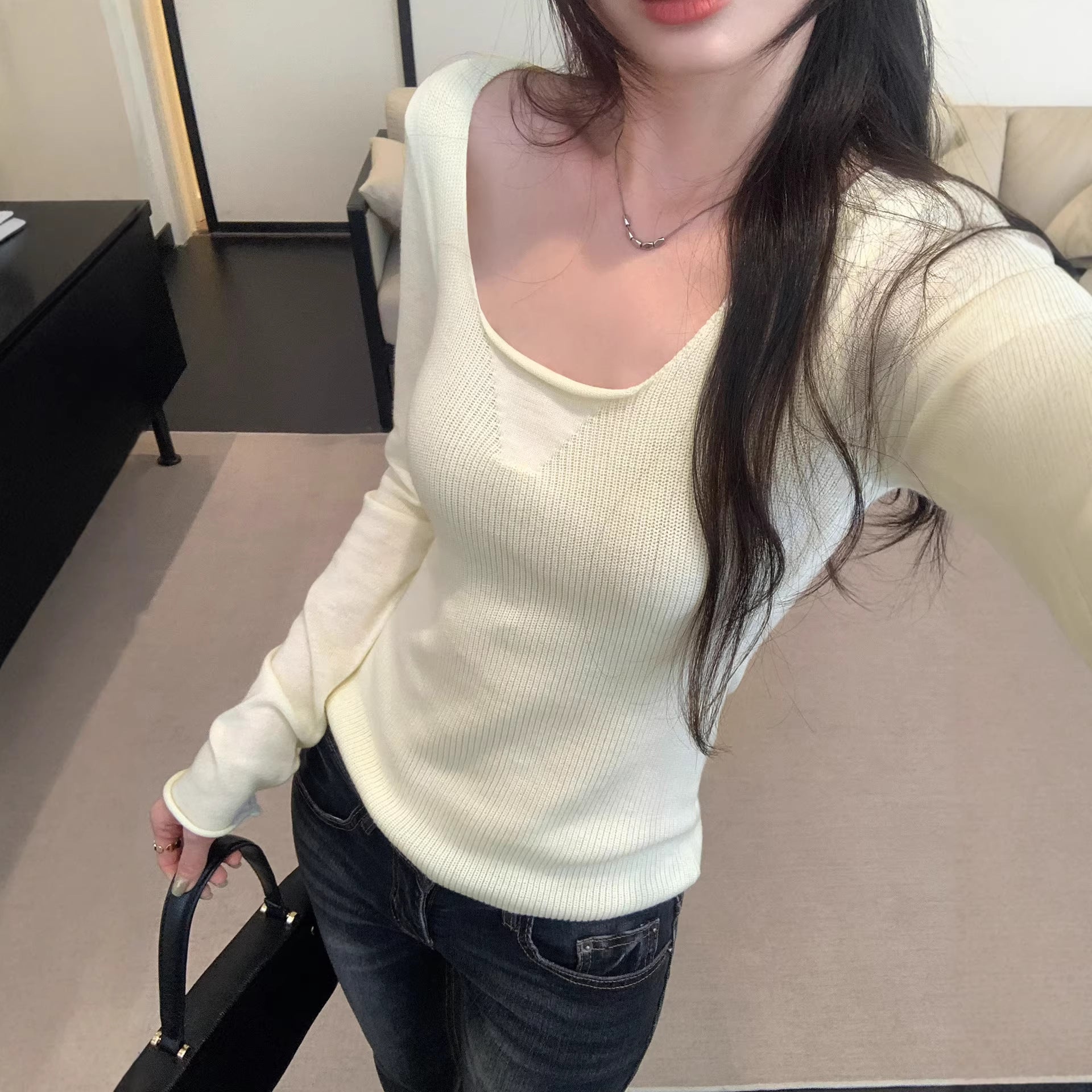 beige U-neck sweater, fitted knit top for women, long sleeve, slimming casual upper garment